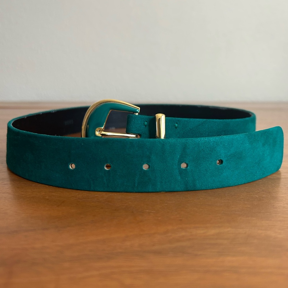 VTG St. John Teal Suede Belt with Gold Accents & Enamel Buckle | size 6 - Picture 3 of 12